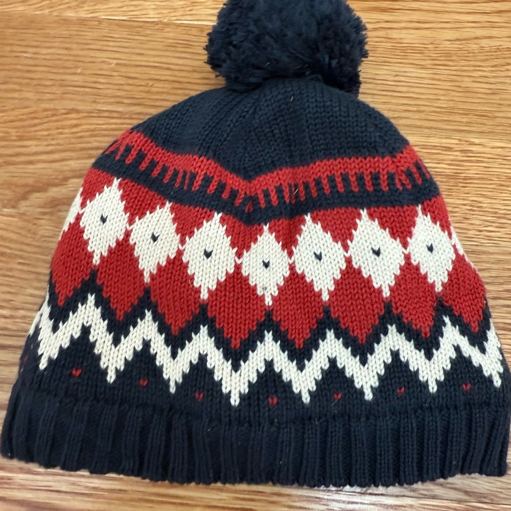 Petit Bateay Cozy Knit Pom-Pom Beanie - Red, Black, and White 18mo/2yo